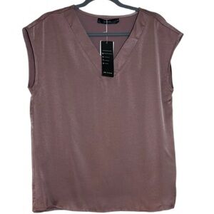 MIROL Cap Sleeve Satin Top V Neck Solid Elegant Loose Fit Shirts, NWT, Medium